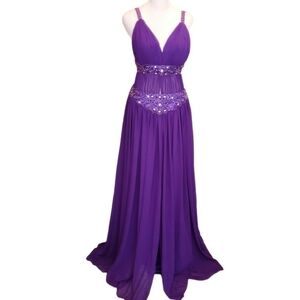 Cinderella devine maxi purple bead Rhinestone tie back zip front slit prom dress